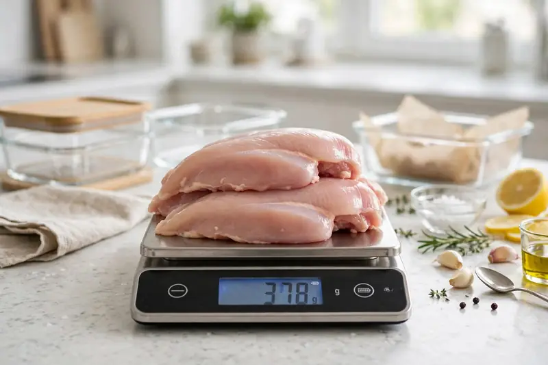 Raw chicken breast on scale