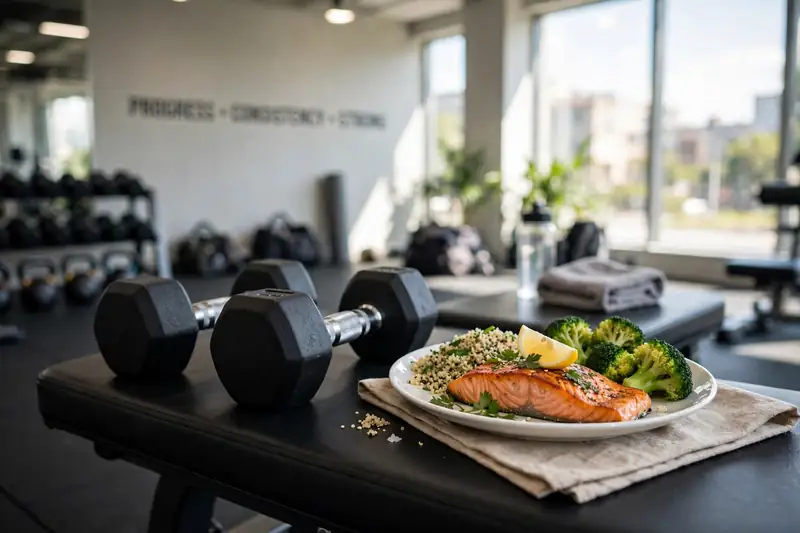Protein meal with dumbbells