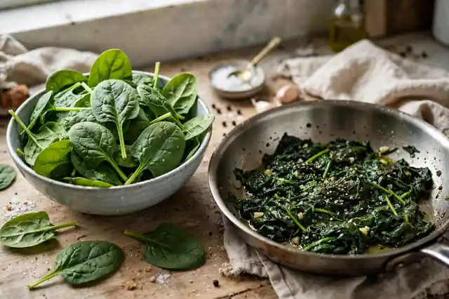 Raw and cooked spinach